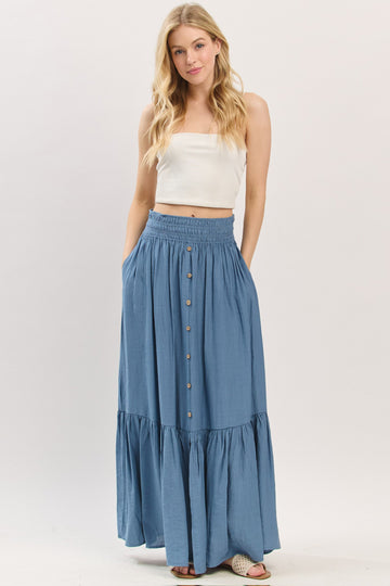 Blue Smocked Waist Button Accent Maxi Skirt