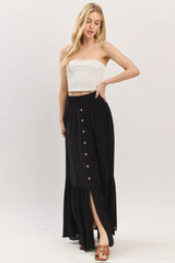 Black Smocked Waist Button Accent Maxi Skirt