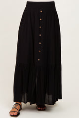 Black Smocked Waist Button Accent Maternity Maxi Skirt