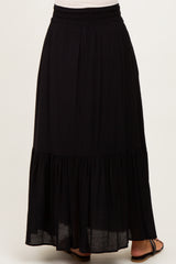 maternity wear black tiered maxi skirt with an elastic waistband, view of the back side