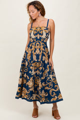 Dark Teal Damask Sleeveless Maxi Dress