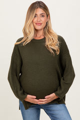 Olive Waffle Knit Side Slit Maternity Sweater