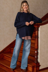 Navy Waffle Knit Side Slit Maternity Sweater