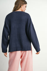 Navy Waffle Knit Side Slit Sweater