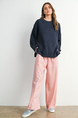 Navy Waffle Knit Side Slit Sweater