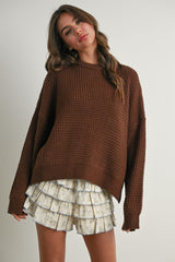 Brown Waffle Knit Side Slit Maternity Sweater