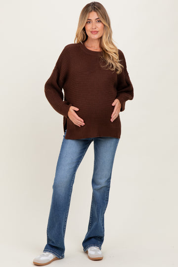 Brown Waffle Knit Side Slit Maternity Sweater
