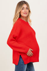 Red Waffle Knit Side Slit Maternity Sweater