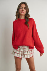 Red Waffle Knit Side Slit Sweater