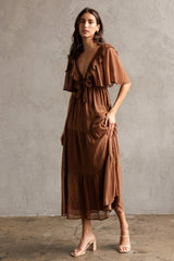 Brown Metallic Chiffon Ruffle V-Neck Midi Dress