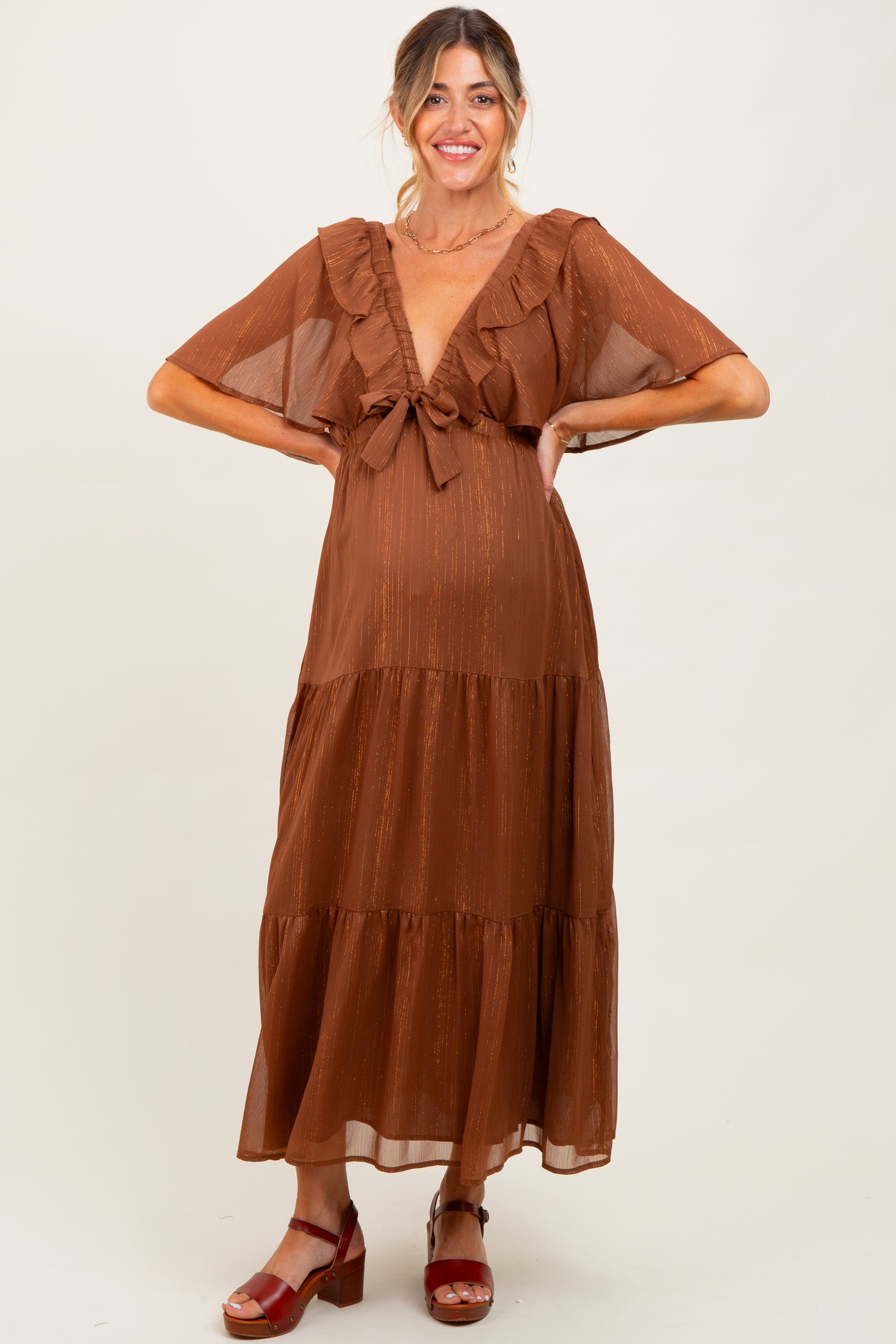 Brown Metallic Chiffon Ruffle V-Neck Maternity Midi Dress