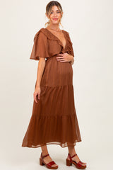 Brown Metallic Chiffon Ruffle V-Neck Maternity Midi Dress