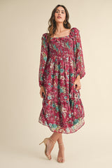Burgundy Floral Chiffon Smocked Ruffle Tiered Midi Dress
