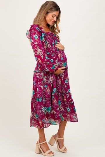Burgundy Floral Chiffon Smocked Ruffle Tiered Maternity Midi Dress