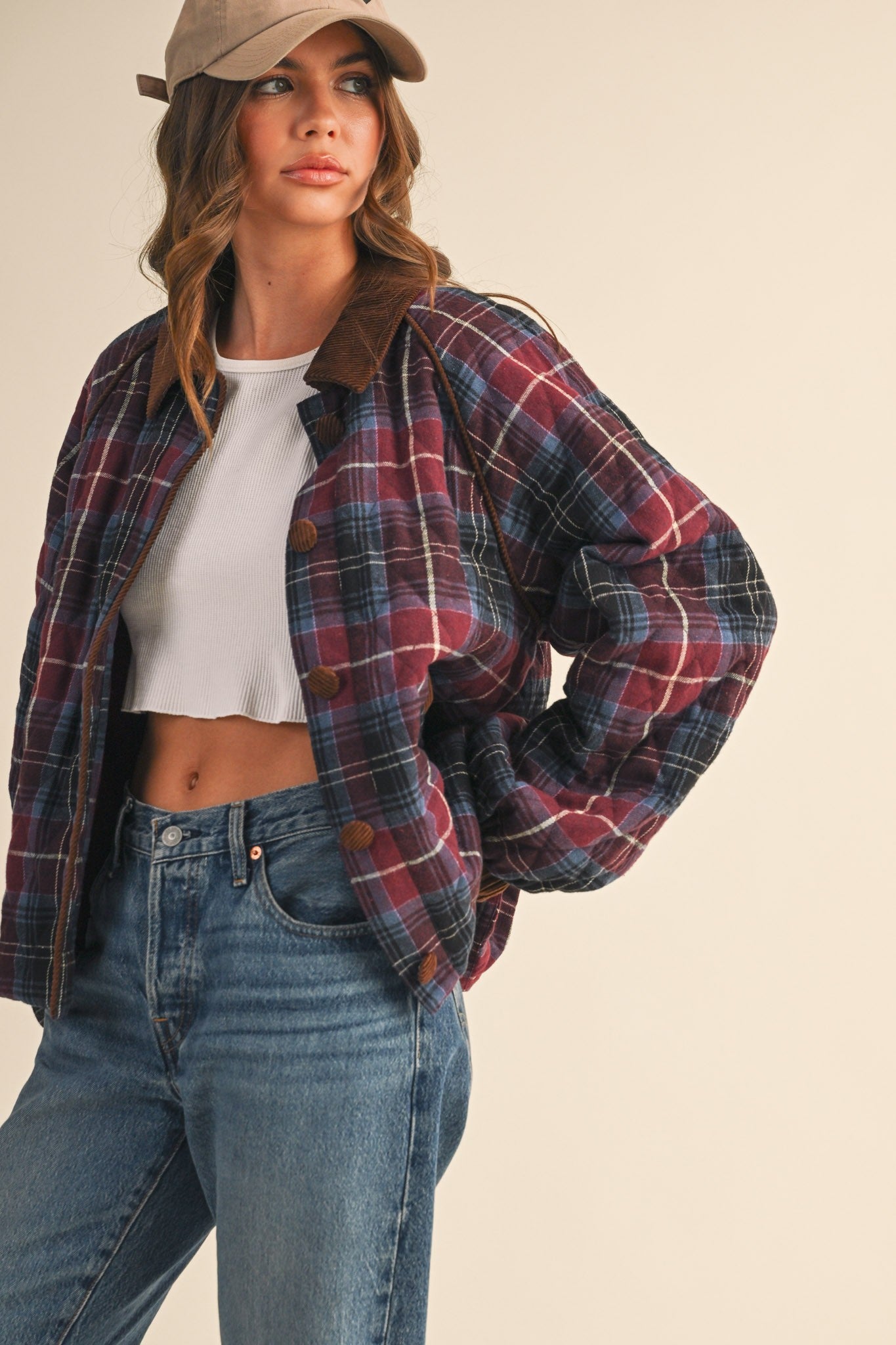 Plum Plaid Quilted Corduroy Contrast Jacket