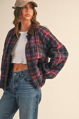 Plum Plaid Quilted Corduroy Contrast Jacket