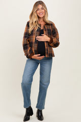 Brown Plaid Quilted Corduroy Contrast Maternity Jacket
