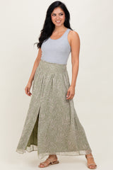 Light Olive Floral Chiffon Button Detail Maternity Maxi Skirt