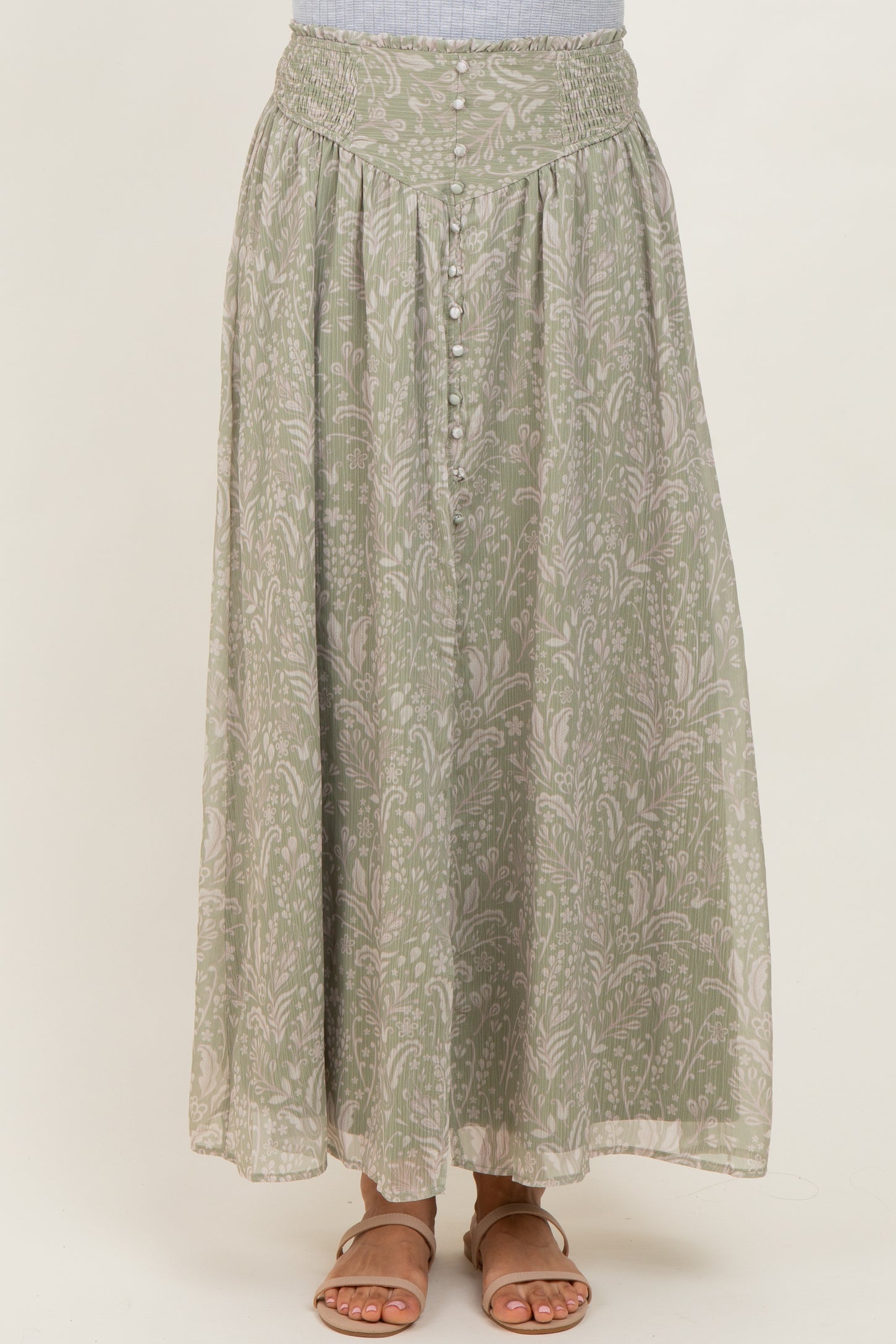 Light Olive Floral Chiffon Button Detail Maxi Skirt