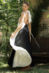 Taupe Colorblock Pleated Halter Neck Maxi Dress