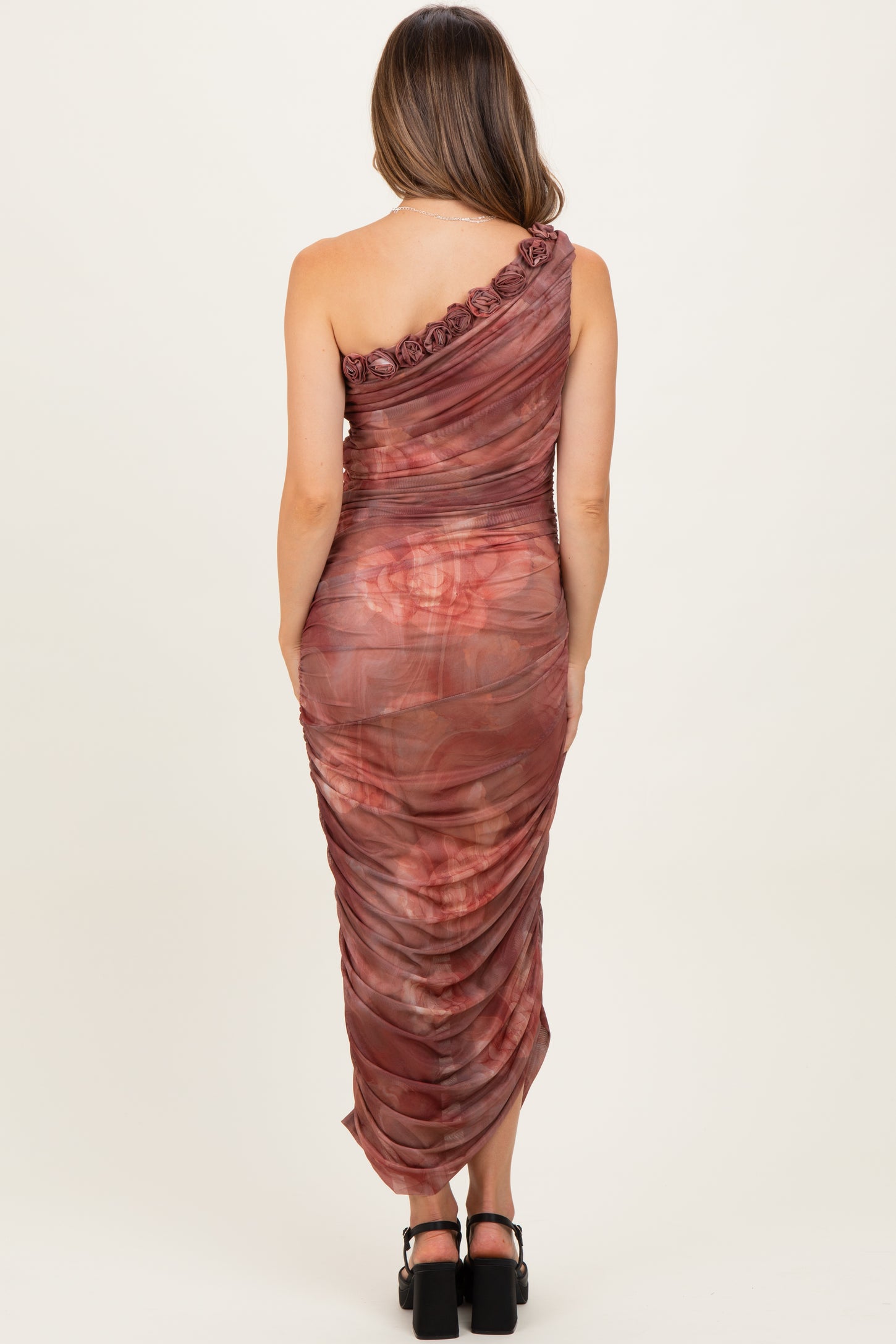 Rust Floral Ruched Rosette One-Shoulder Maternity Midi Dress