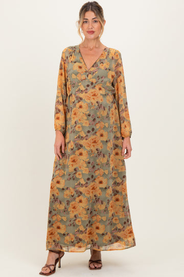Light Olive Floral V-Neck Long Sleeve Maternity Midi Dress