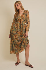 Light Olive Floral V-Neck Long Sleeve Midi Dress