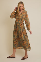 Light Olive Floral V-Neck Long Sleeve Midi Dress