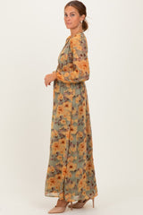 Light Olive Floral V-Neck Long Sleeve Midi Dress