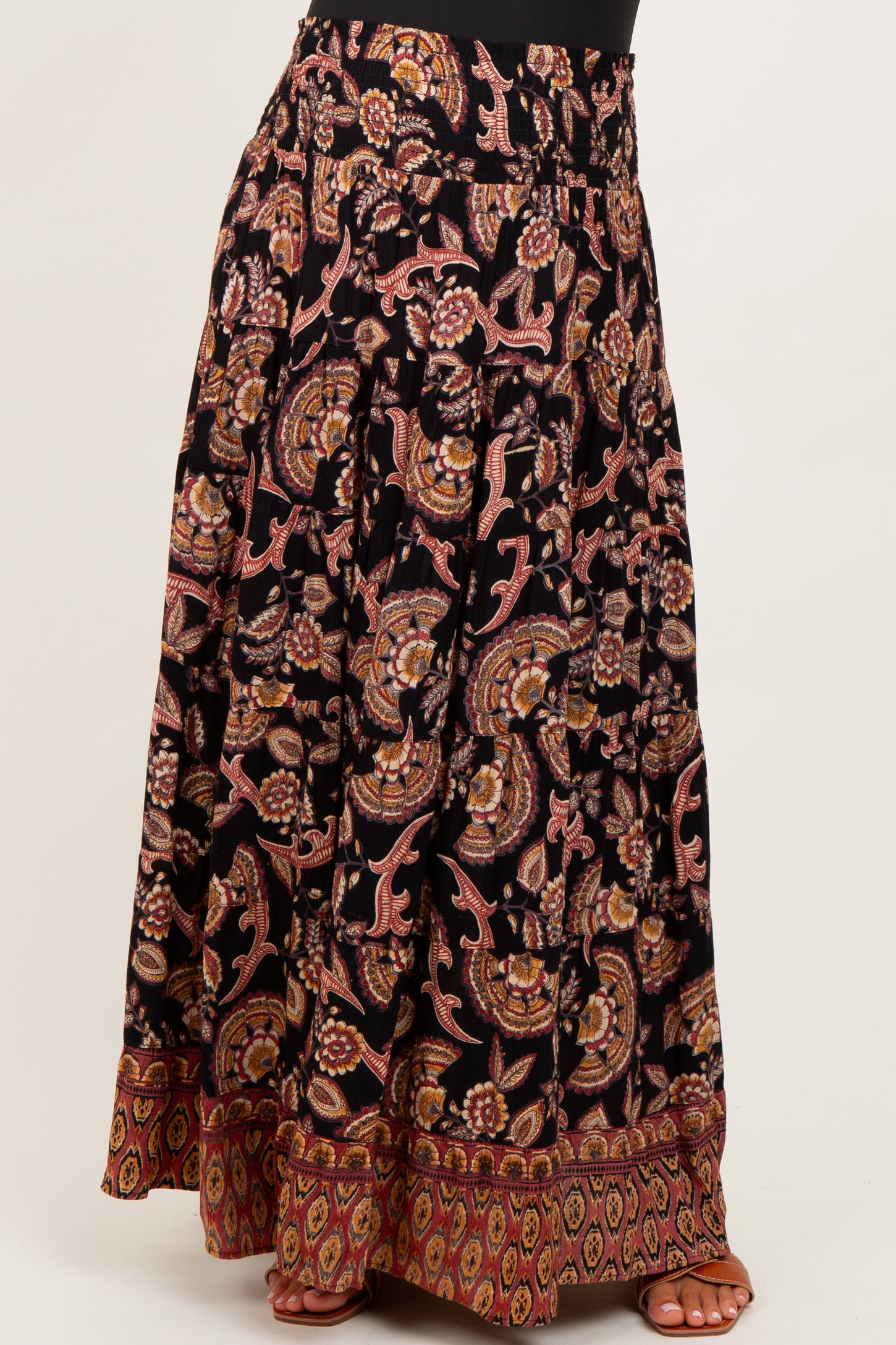 Black Paisley Smocked Waist Tiered Maternity Maxi Skirt