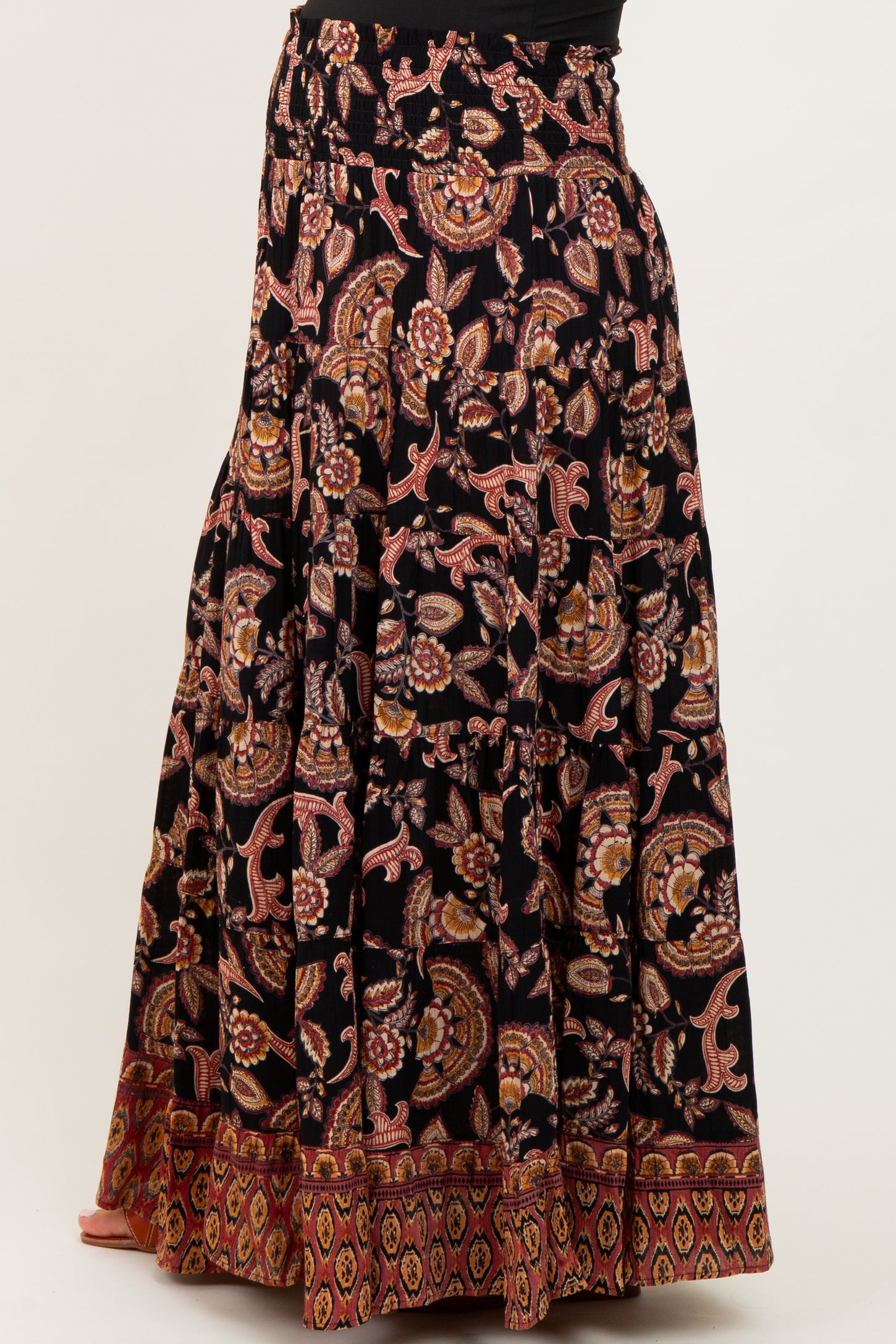 Black Paisley Smocked Waist Tiered Maternity Maxi Skirt
