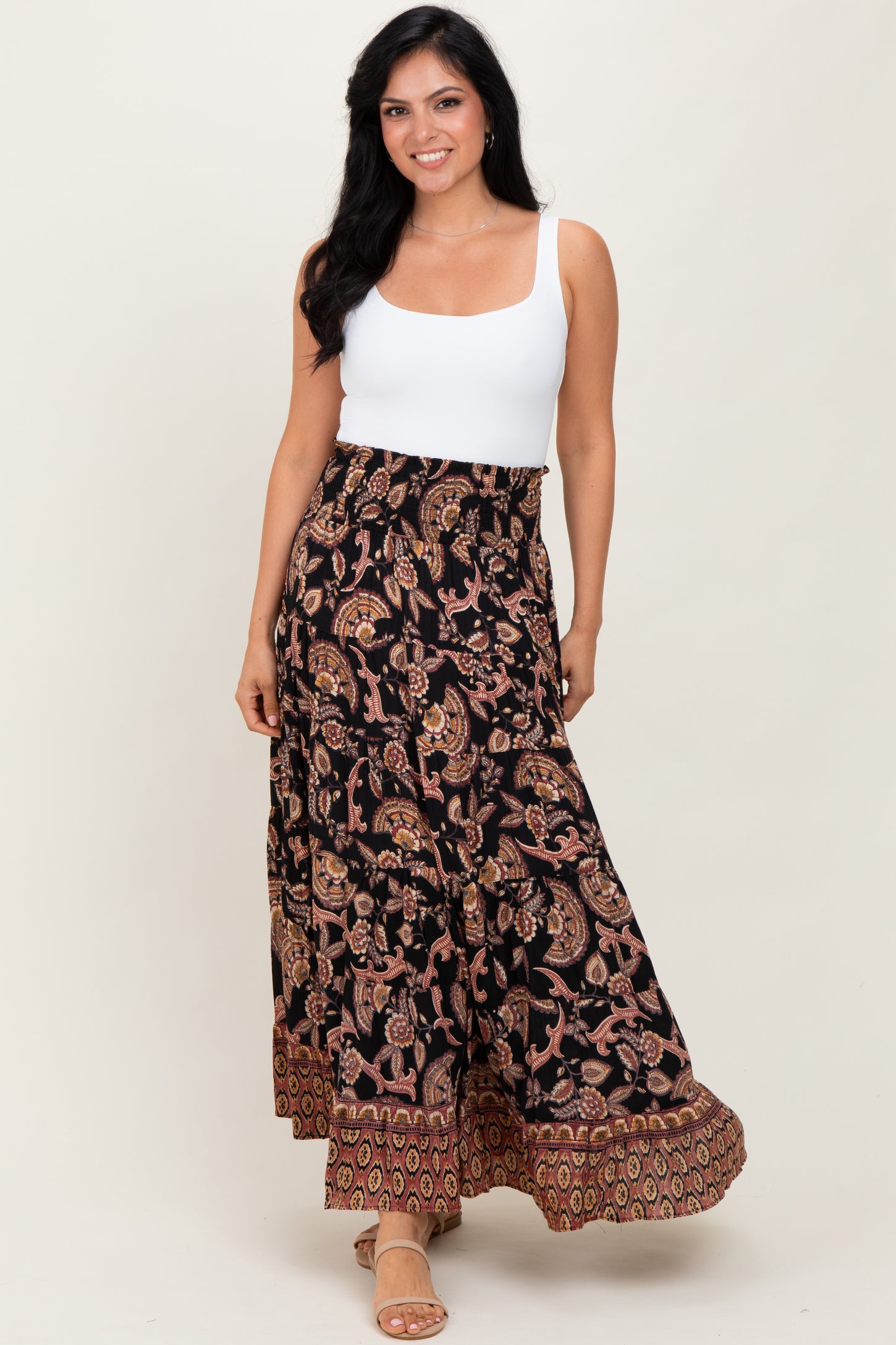 Black Paisley Smocked Waist Tiered Maxi Skirt