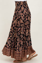 Black Paisley Smocked Waist Tiered Maxi Skirt