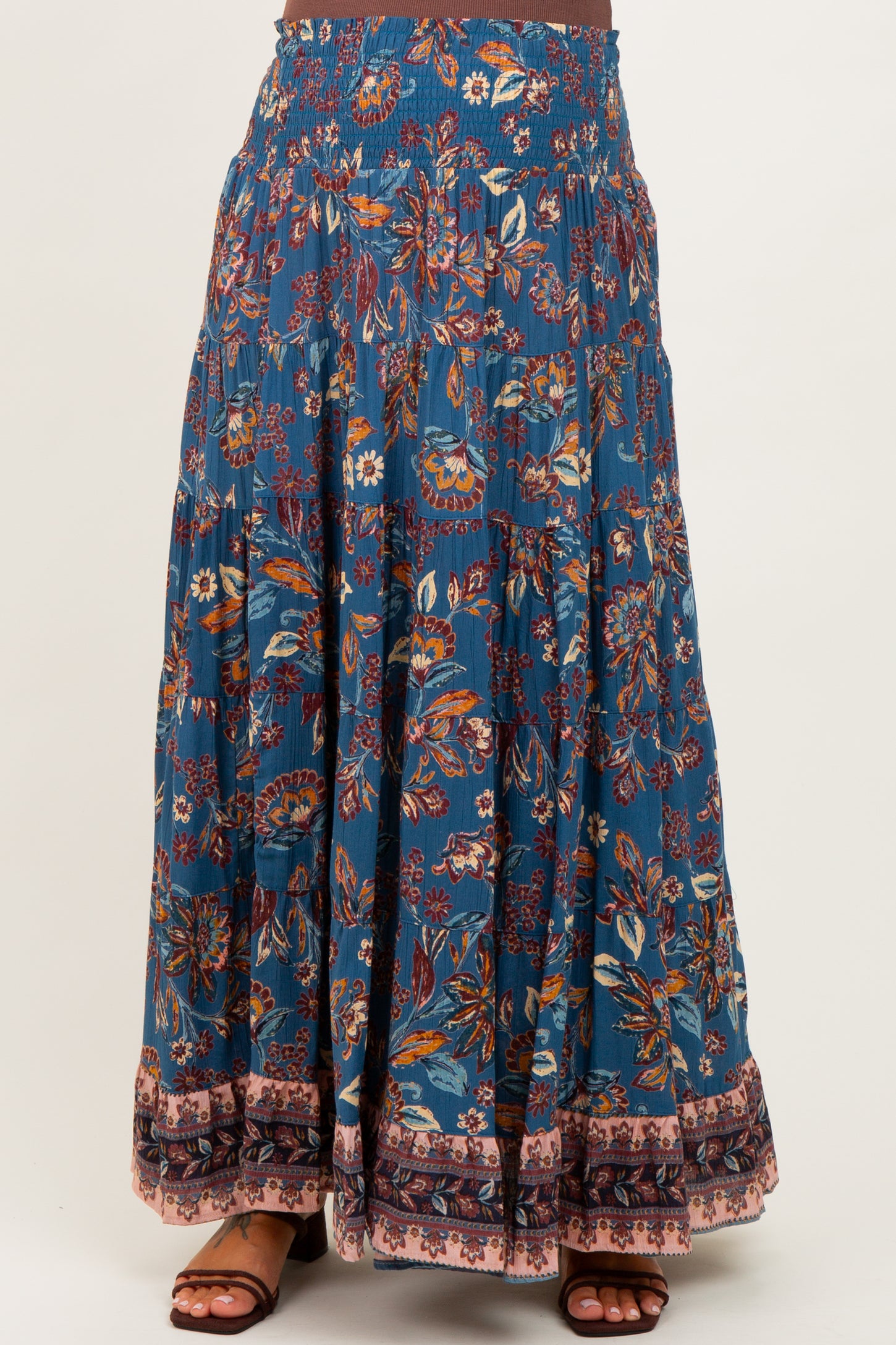 Dark Teal Smocked Waist Tiered Maternity Maxi Skirt