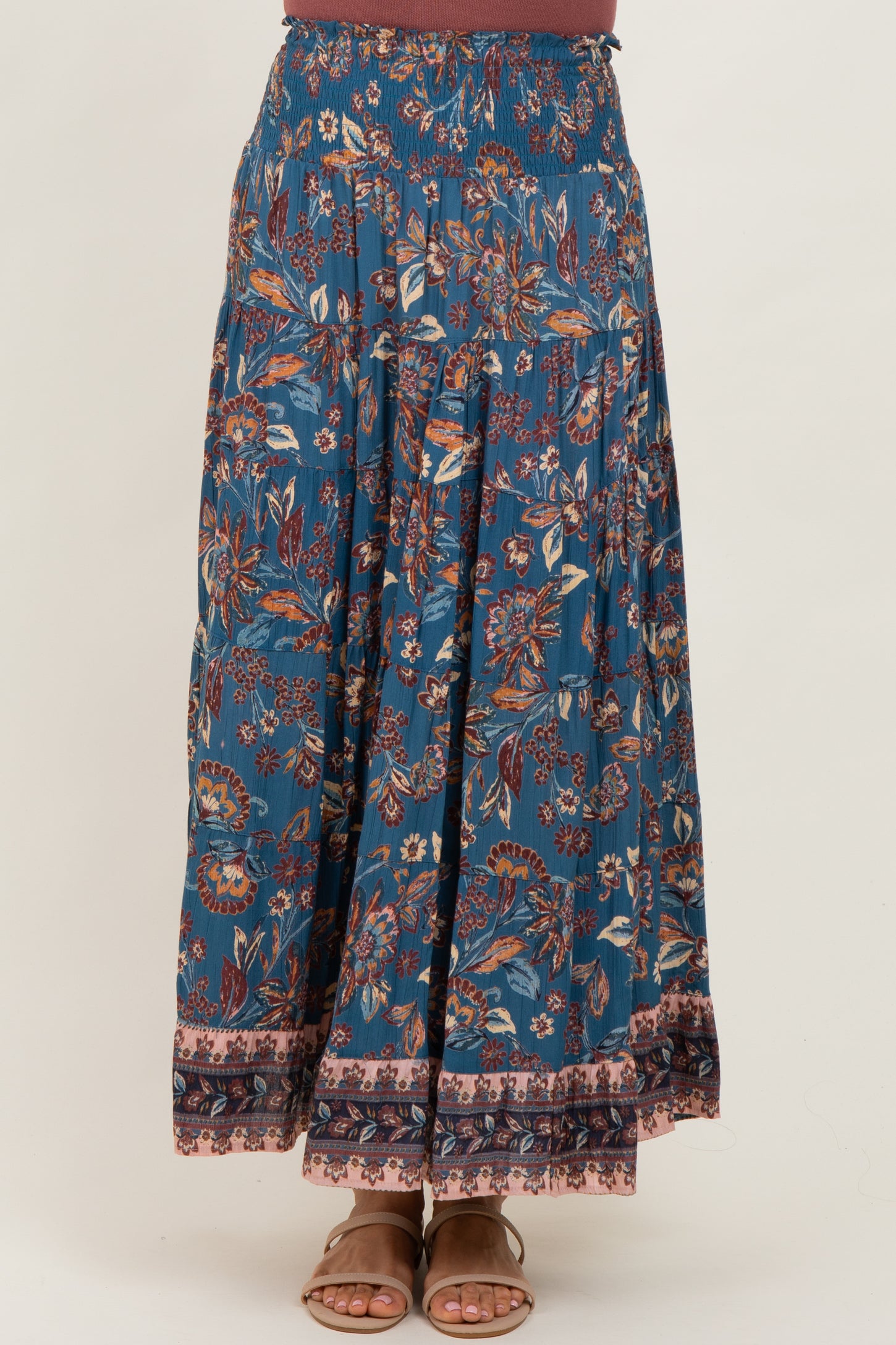 Dark Teal Smocked Waist Tiered Maxi Skirt