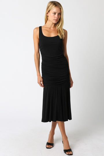 Black Ruched Sleeveless Drop Waist Midi Dress