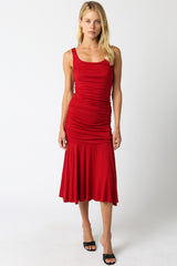 Red Ruched Sleeveless Drop Waist Maternity Midi Dress