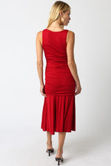Red Ruched Sleeveless Drop Waist Midi Dress