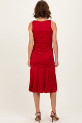 Red Ruched Sleeveless Drop Waist Midi Dress
