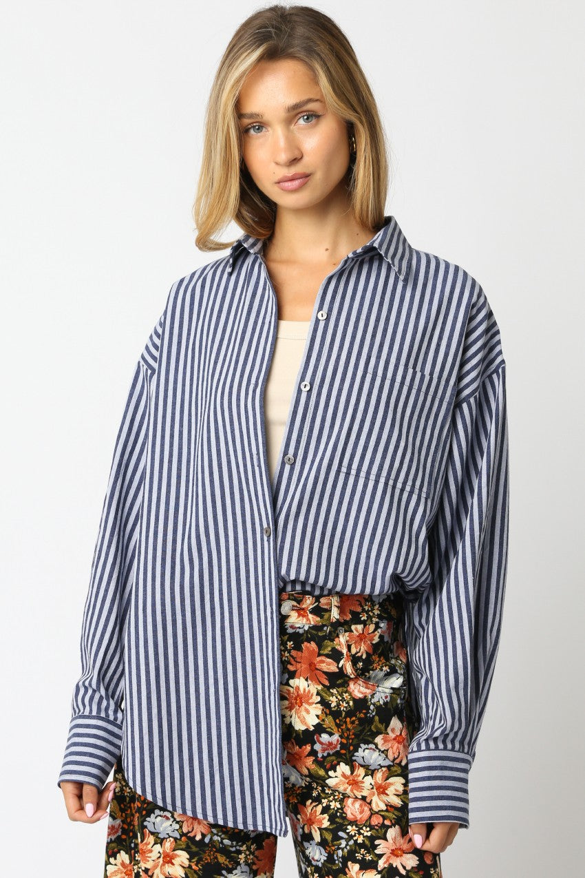 Navy Striped Linen Blend Button Down Shirt