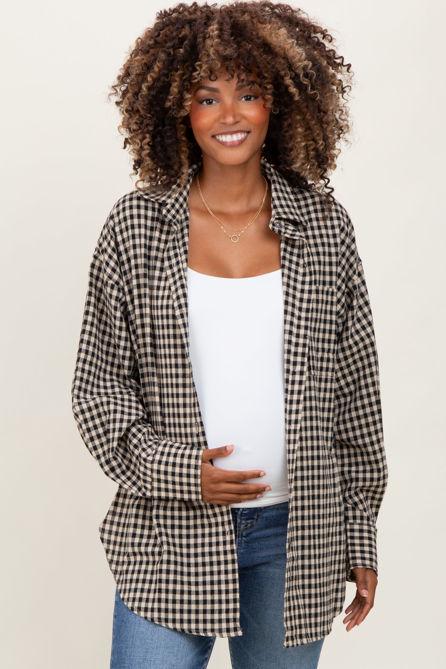 Black Gingham Maternity Button Down Shirt