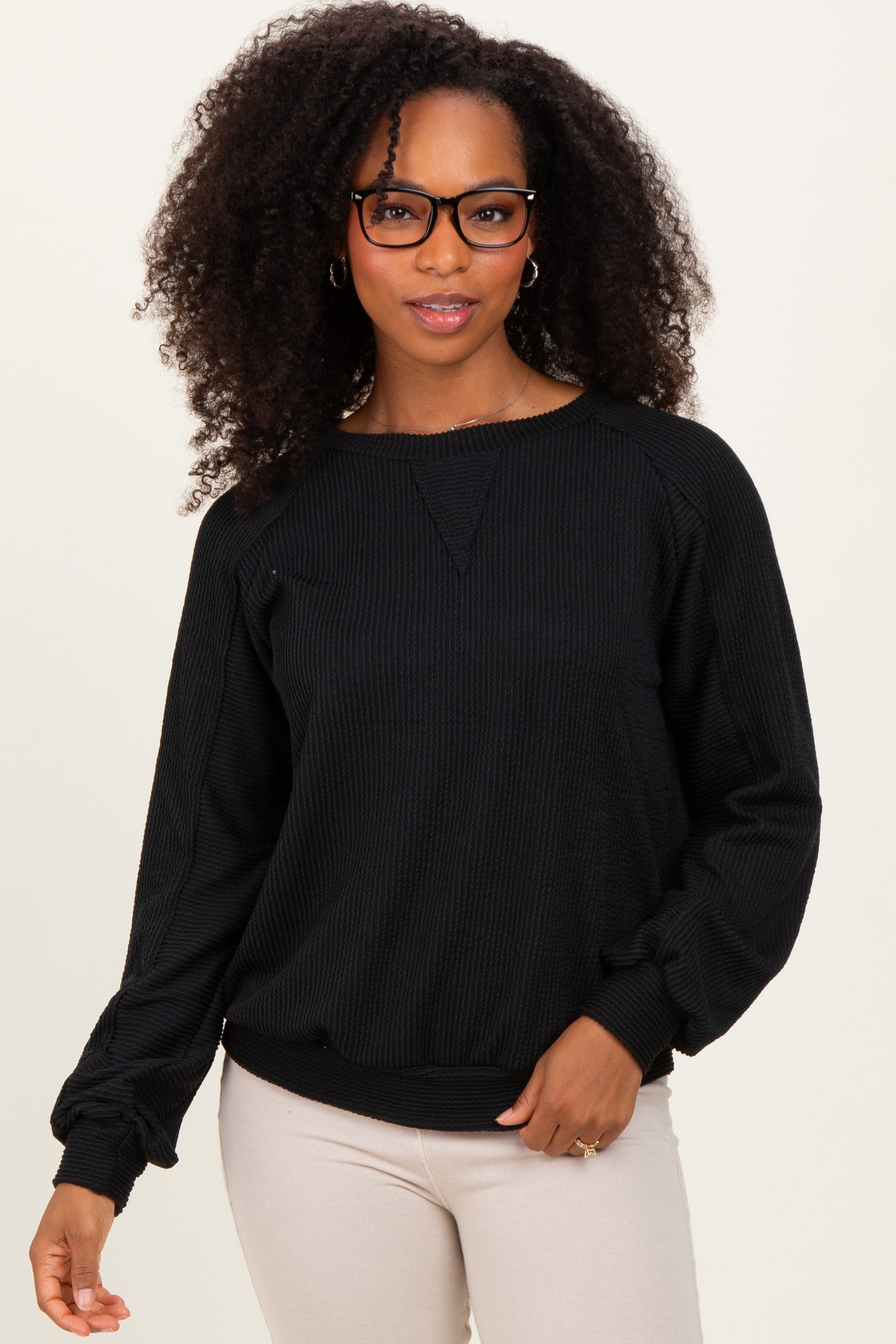 Black Textured Rib Knit Pullover