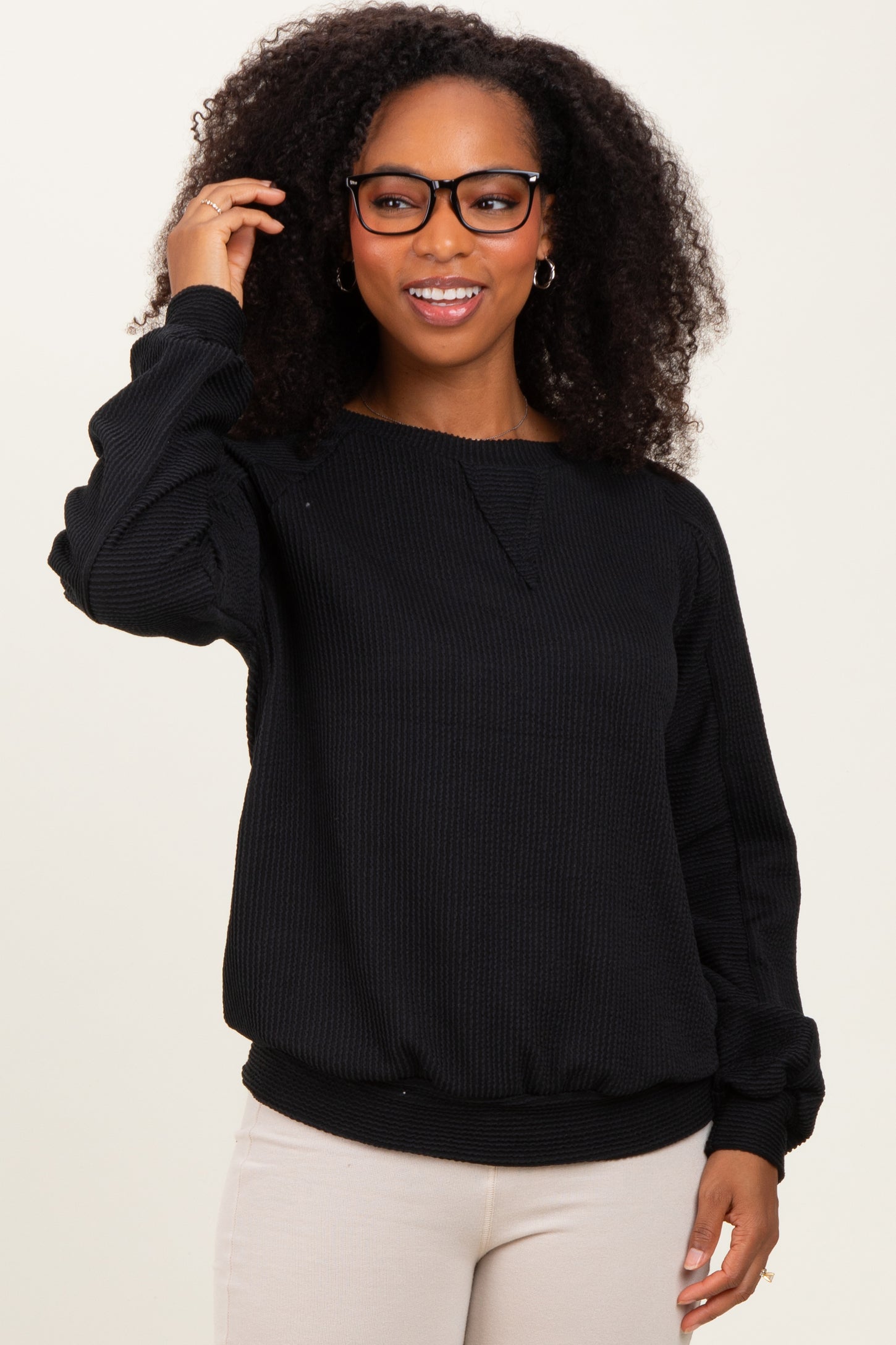Black Textured Rib Knit Pullover