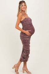 Mauve Printed Metallic Ruched Maternity Midi Dress