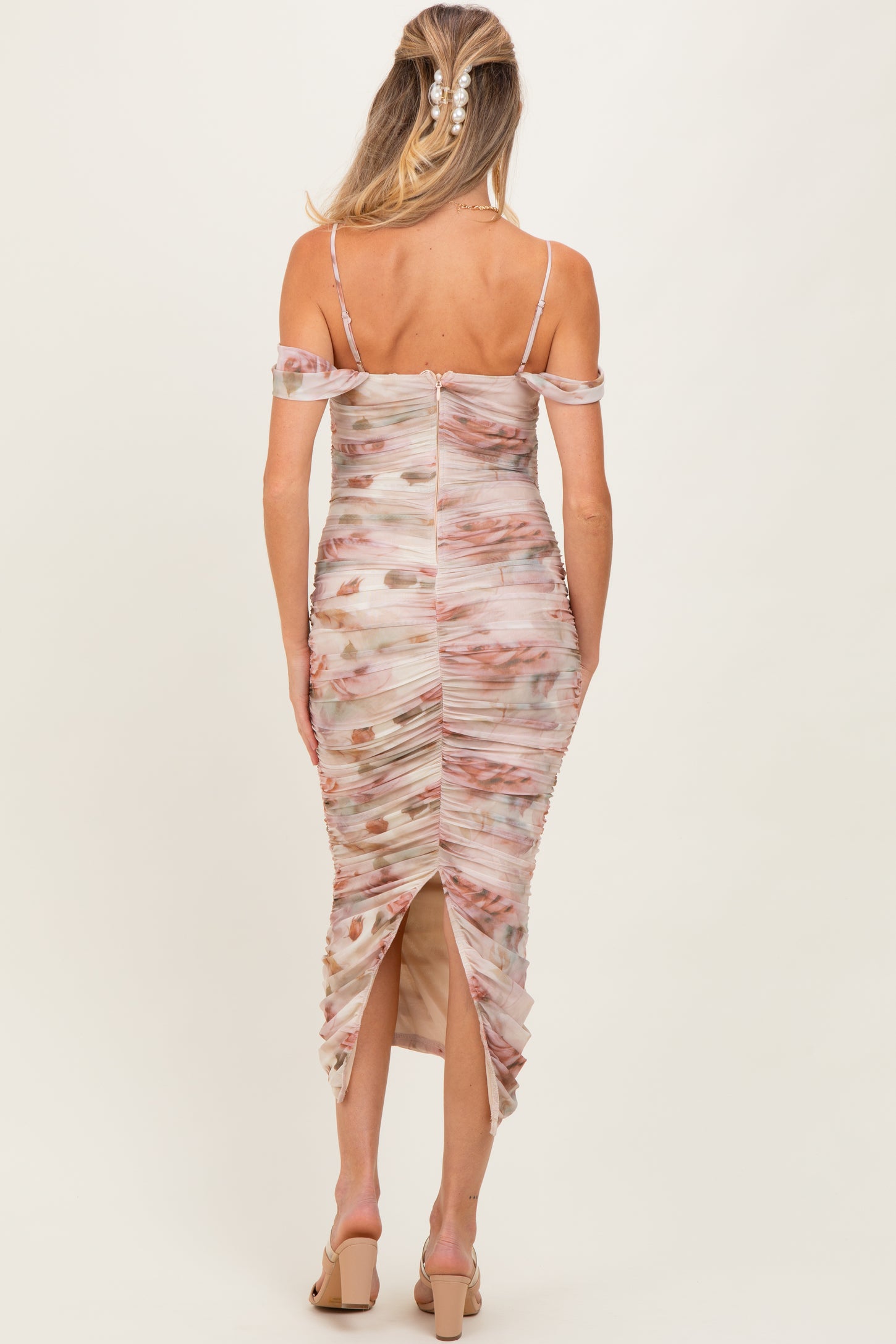 Cream Rose Floral Mesh Ruched Off Shoulder Maternity Midi Dress