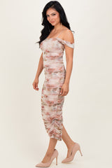 Cream Rose Floral Mesh Ruched Off Shoulder Midi Dress