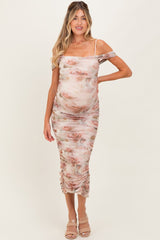 Cream Rose Floral Mesh Ruched Off Shoulder Maternity Midi Dress