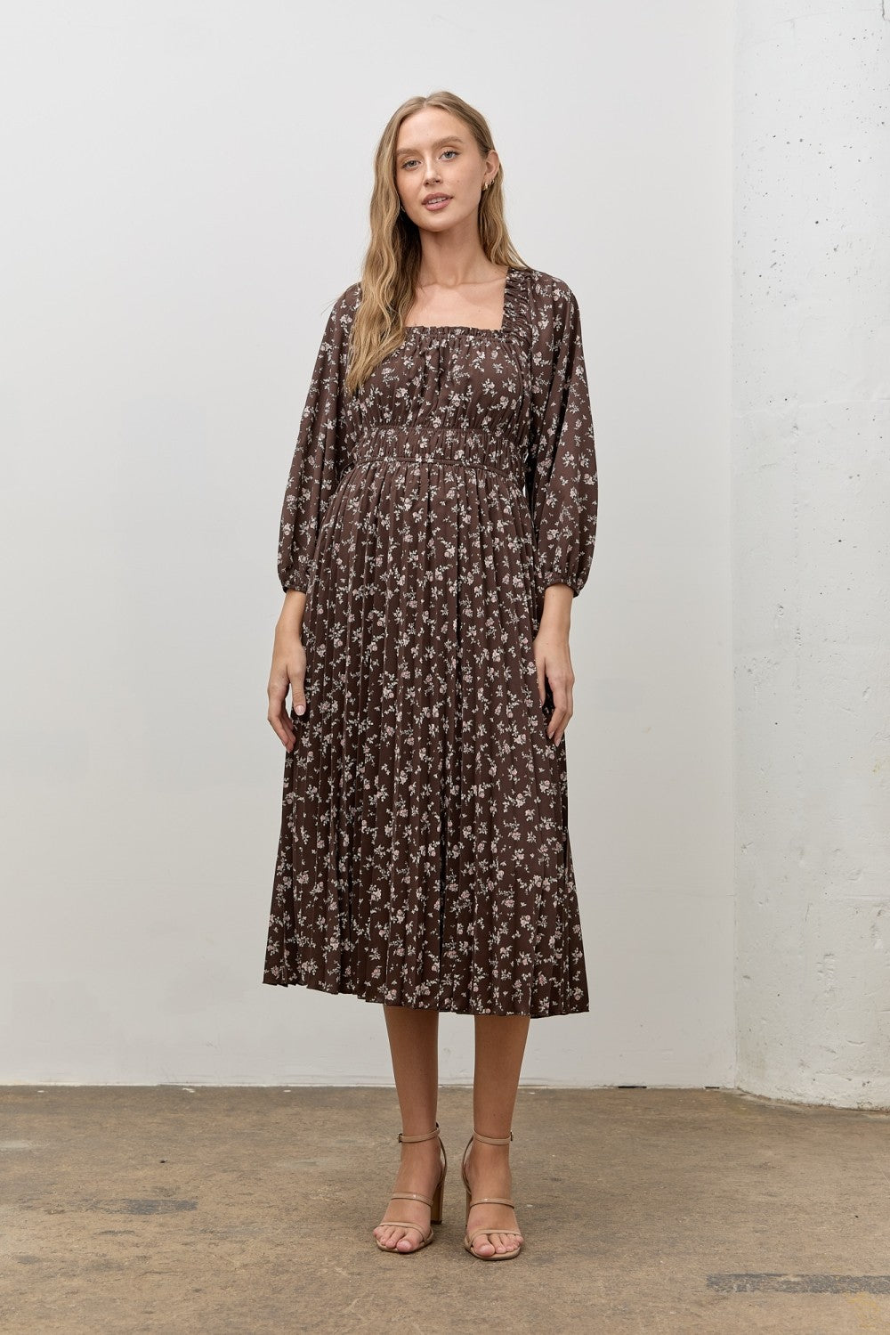Brown Floral Long Sleeve Midi Dress