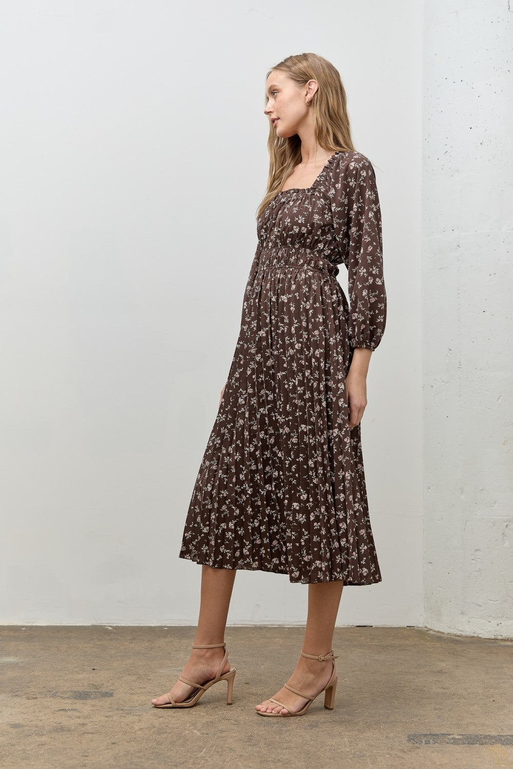 Brown Floral Long Sleeve Midi Dress