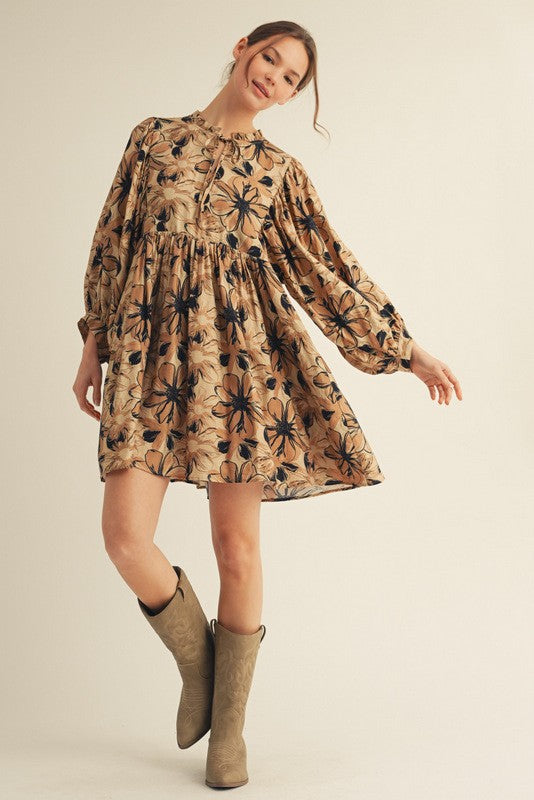 Camel Floral Front Tie Bubble Sleeve Mini Dress
